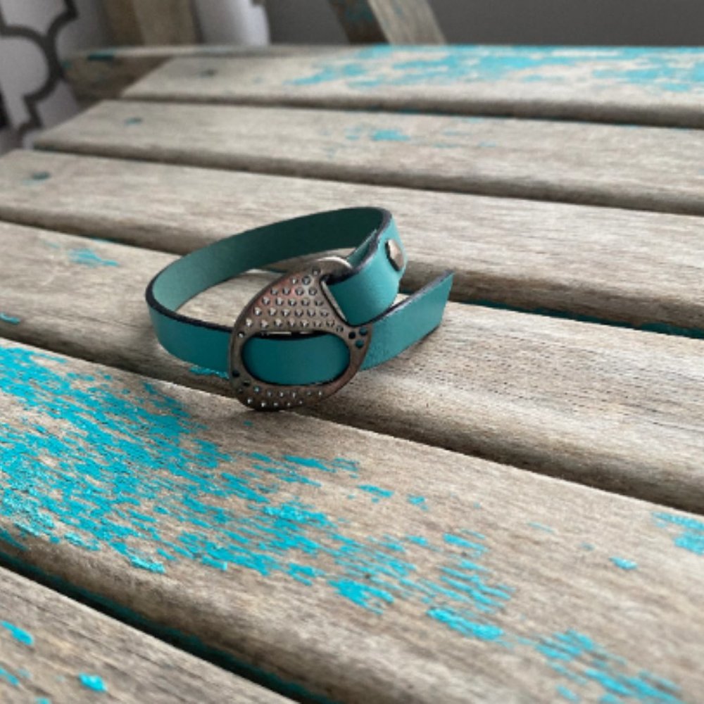 Adjustable Leather Buckle Bracelet - Mint/Jade with Antique Silver Buckle Clasp